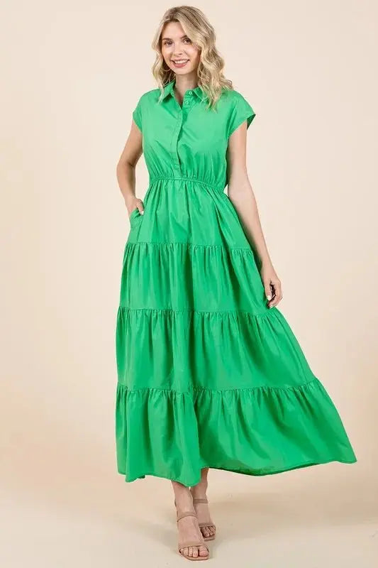 Mittoshop Button Up Collared Tiered Maxi Shirt Dress - Love Salve